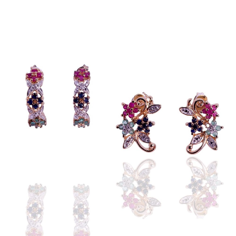 2 Pair Ross Simons Gold Vermeil Sterling Silver Floral Multi Gemstone Earrings